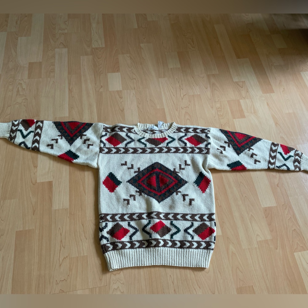 Vintage 80s Andre Christian Hand Knit Aztec Sweater Acrylic-Wool Sweater Small